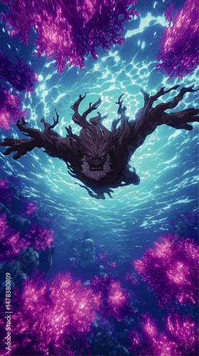 Mystical Underwater Fantasy Scene Featuring Mythical Wooden Creature Swimming Beneath Shimmering Blue Ocean Surface and Among Glowing Bright Purple Coral Reefs