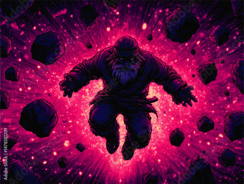 Epic Mystic Levitation Digital Artwork of Powerful Wizard Surrounded by Cosmic Rocks with Glowing Pink and Purple Energy Sparks Fantasy Art Vector Illustration