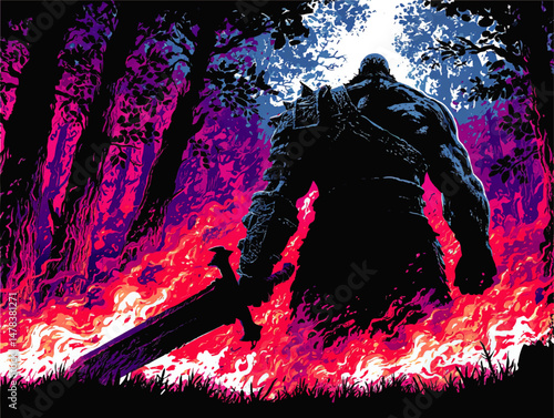 Powerful Vector Illustration of Mysterious Warrior with Sword Standing Amidst Flames in Dark Enchanted Forest Fantasy Battle Concept Video Game Art Design Background