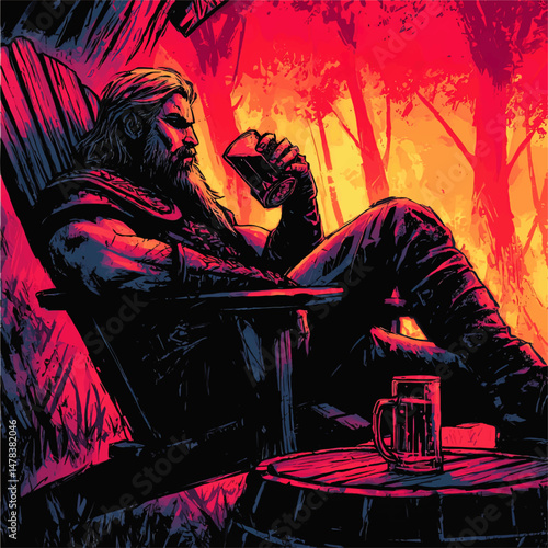 Epic Fantasy Viking Warrior Enjoying Beer in Mystical Forest Vector Illustration Powerful Norse Barbarian Relaxation Scene Vibrant Colors Digital Art for Gaming Concept