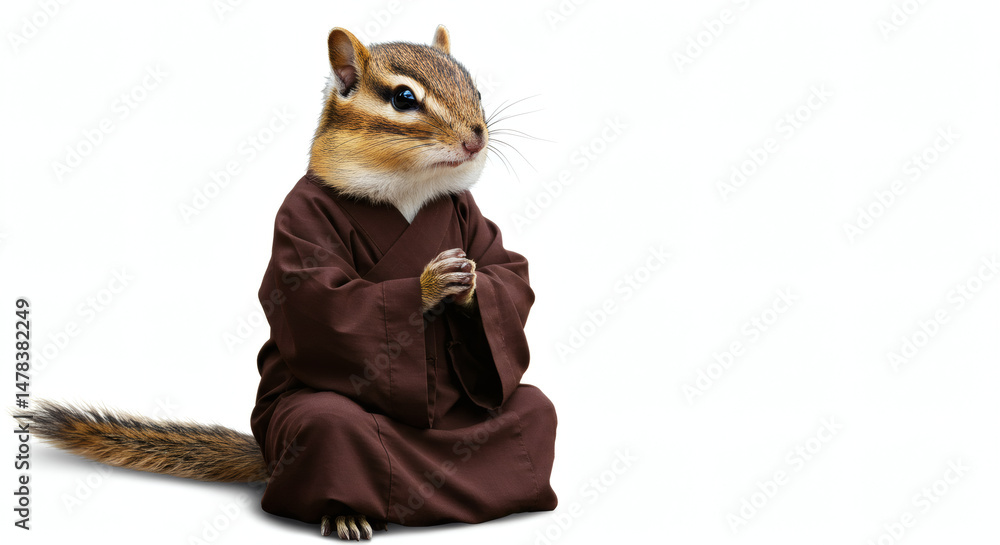 Fototapeta premium Chipmunk Dressed as a Monk Sitting Calmly, white background