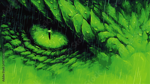 Captivating Vector Illustration of Intense Green Dragon Eye with Detailed Scales Highlighted in Rain Fantasy Mythical Creature Concept Art Graphic Design Background