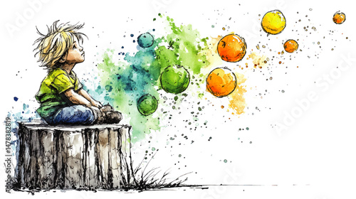 Creative Watercolor Illustration of Whimsical Child Sitting on Stump Watching Colorful Floating Bubbles with Abstract Artistic Splashes for Imagination and Childhood