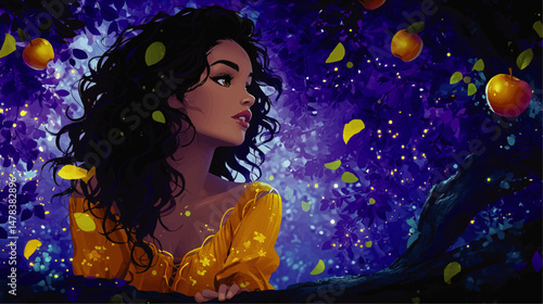 Enchanting Beautiful Woman with Long Curly Hair in Yellow Dress Surrounded by Magical Night Orchard with Glowing Fireflies Blue Leaves and Bright Juicy Fruits Vector Art