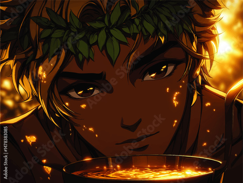 Stunning Anime Inspired Vector Portrait of Young Man with Golden Glowing Eyes Leaf Crown and Magical Illuminated Liquid Fantasy Art Illustration for Wallpapers or Design