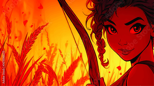 Vibrant Vector Illustration of Fierce Female Archer in Fiery Wheat Field Background with Gradient Colors and Bold Contrast for Graphic Design and Digital Art Inspiration