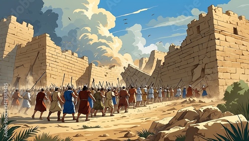 The israelites march as jericho's walls fall