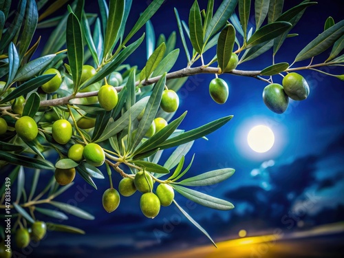 Night Photography Wallpaper: Luminous Green Olives on Branch, High-Resolution Image, Dark Background, Vibrant Colors, Stunning Night Scene