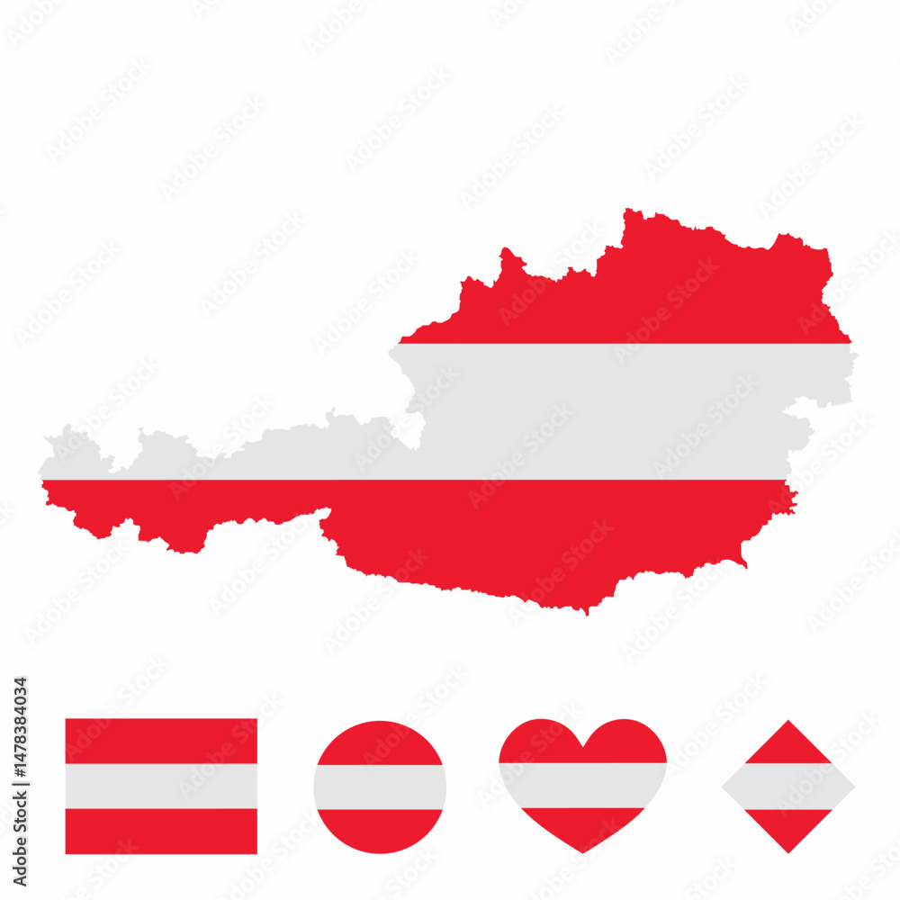 Fototapeta premium Vector set of Austria high detailed map flag and national flag round badge isolated on white background.