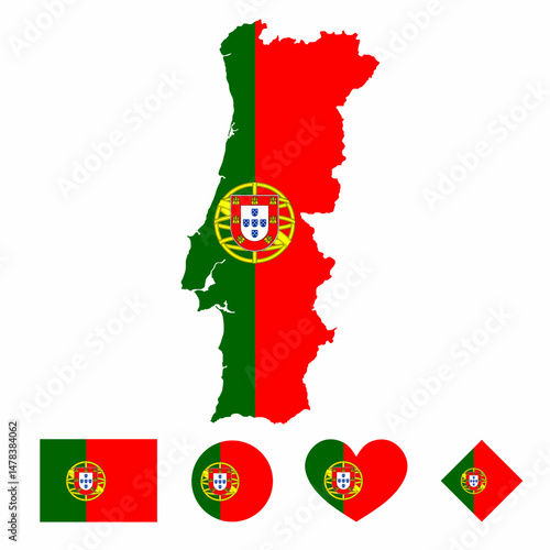 Vector set of Portugal high detailed map flag and national flag round badge isolated on white background.