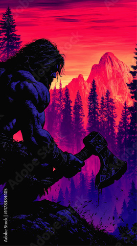 Epic Barbarian Warrior Holding Bloody Axe Vector Illustration at Dark Sunset in Dark Mysterious Mountain Forest Wilderness Fantasy and Adventure Concept Art Design