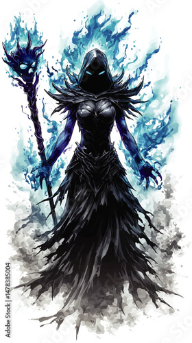 Fantasy Vector Illustration of Dark Female Mage with Blue Fire Magic Staff Wearing Black Hooded Cloak and Armor Powerful Mystical Sorceress Game Character Concept Art