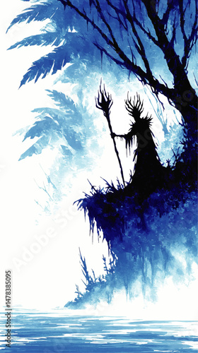 Mystical Fantasy Silhouette Art of Powerful Sorcerer Mage with Magical Staff Standing on Edge of Cliff in Enchanted Misty Forest with Vibrant Blue Watercolor Design