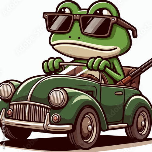 cartoon vector illustration of a frog driving a car on a white background