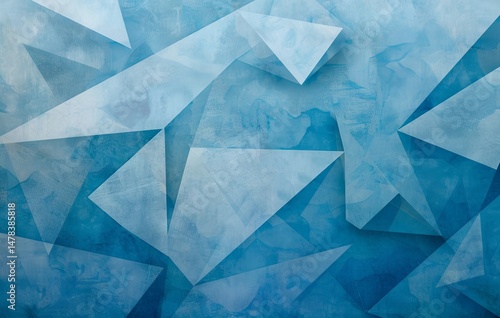 modern abstract blue background design with layers of textured white transparent material in triangle diamond and squares shapes in random geometric pattern