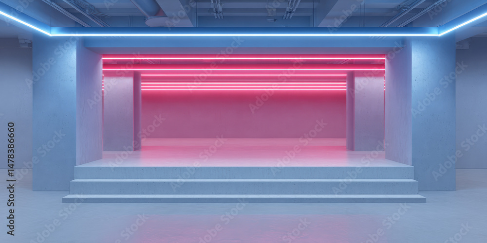 Fototapeta premium A futuristic stage with glowing blue and pink neon lights is centered in a room. Modern design and vibrant colors create a sci-fi atmosphere