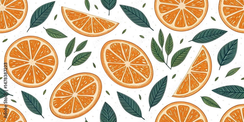 Vibrant Orange Slices and Leaves Seamless Pattern Vibrant Orange Slices and Leaves Seamless Pattern
