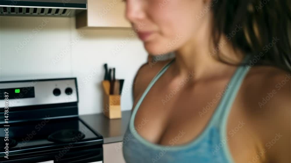 Woman in sports bra drinking chocolate milk or protein shake from a glass indoors for wellness and fitness concept Woman in sports bra drinking chocolate milk or protein shake from a glass indoors for wellness and fitness concept