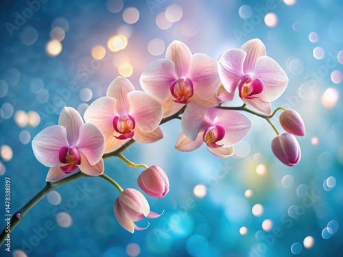 Pink Orchid Bokeh, Delicate Flower Photography, Blue Background, Floral Beauty, Soft Focus Image