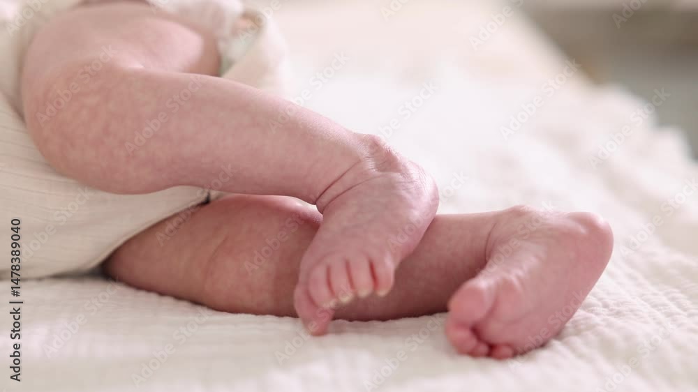 Newborn baby lying on bed, closeup view Newborn baby lying on bed, closeup view