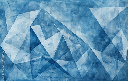 modern abstract blue background design with layers of textured white transparent material in triangle diamond and squares shapes in random geometric pattern