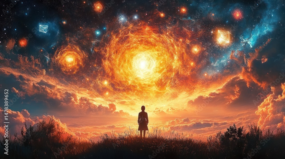 Fototapeta premium Silhouette of a person standing on grass facing a fiery glowing swirling celestial sky filled with bright stars and geometric light shapes in vibrant orange and blue hues