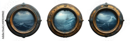 Three round metal ship portholes showing turbulent ocean waves with a sailing ship in the center porthole under a cloudy sky
