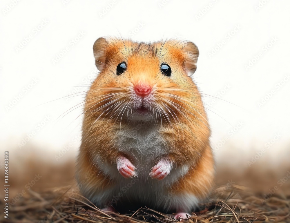 Close-up of a small orange and white hamster sitting on straw with its tiny paws raised and looking curiously at the camera Close-up of a small orange and white hamster sitting on straw with its tiny paws raised and looking curiously at the camera