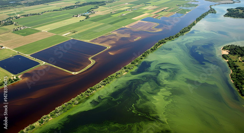 Aerial View of Farmland Runoff Causing Algae Blooms in River