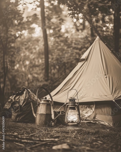 retro camping gear set tent and lantern sepia .