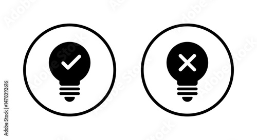 Light bulb check and cross mark icon on circle line. Creativity and stagnation sign symbol