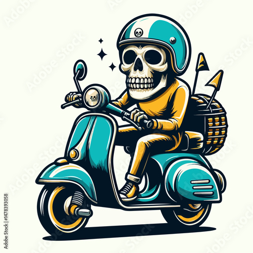 skull rider vector illustration riding a vespa motorbike