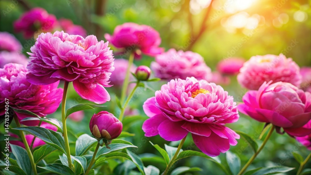 Vibrant peony flowers blooming in a lush garden , colorful peonies Vibrant peony flowers blooming in a lush garden , colorful peonies