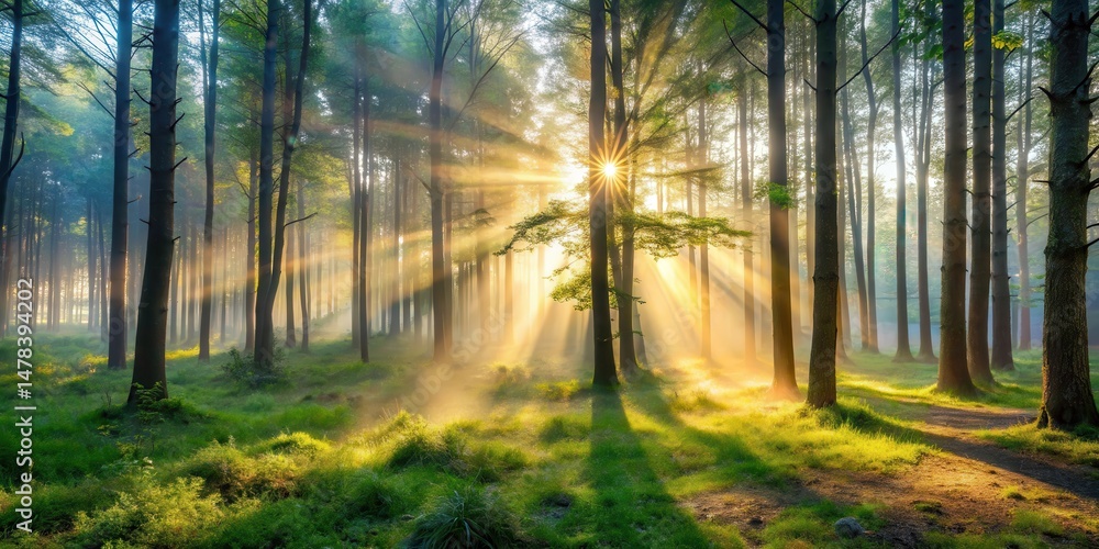Fototapeta premium Tranquil forest at dawn with mist rising from the ground and sunlight filtering through the trees, serene, forest
