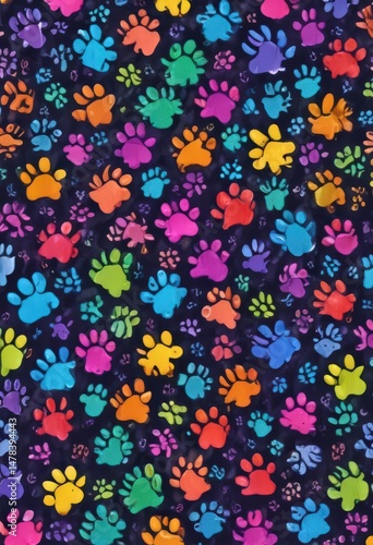 Vibrant rainbow paw prints, doodle style seamless pattern ,  paw print pattern,  rainbow