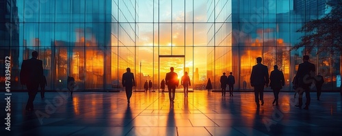 Silhouettes of people walking between modern glass buildings during a vibrant sunset with orange and blue reflections creating a dynamic and inspiring cityscape