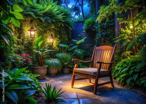 Serene Garden Patio: Low Light Wooden Chair Lush Greenery Night Photography