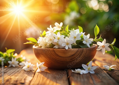 Serene Jasmine Blooms in Wooden Bowl: Peaceful Landscape Photography