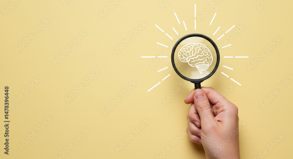 custom made wallpaper toronto digital** Brain Magnified: Exploring Ideas, Intelligence & Mental Health - Concept with Magnifying Glass, Thinking, Focus, & Analysis