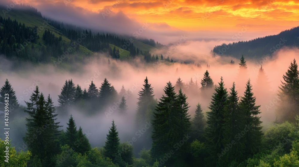Obraz premium Majestic sunrise over the misty mountain forest, creating a tranquil and peaceful scenery.