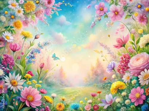 Spring Floral Watercolor Border, Pastel Flowers, Whimsical Celebration Design, Landscape Photography