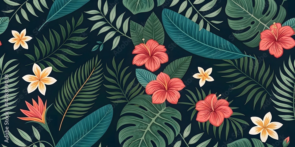 Lush Tropical Floral Seamless Pattern: Dark Background, Hibiscus, Plumeria Lush Tropical Floral Seamless Pattern: Dark Background, Hibiscus, Plumeria