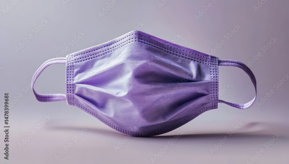 Single disposable protective face mask in purple color against light background representing health safety and hygiene Single disposable protective face mask in purple color against light background representing health safety and hygiene