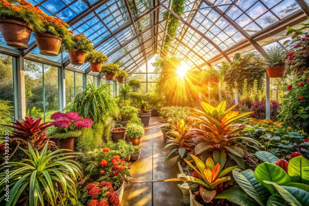 Fototapeta premium Stunning Greenhouse Photography: Lush Plants, Glass Structures, Botanical Garden Images
