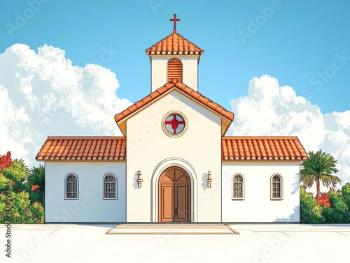 Wallpaper Mural Small white church with red tiled roof and cross atop bell tower surrounded by greenery under a clear blue sky with fluffy white clouds Torontodigital.ca