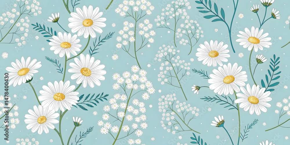 Seamless Pastel Blue Floral Pattern with Daisies and Baby's Breath Seamless Pastel Blue Floral Pattern with Daisies and Baby's Breath
