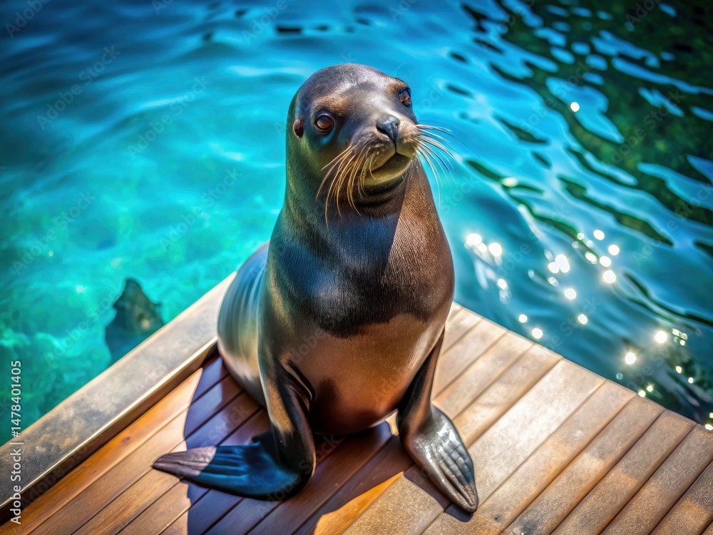 Fototapeta premium Sunny Day Seal Poolside: Black Fur Seal Relaxing by the Water, Wildlife Photography