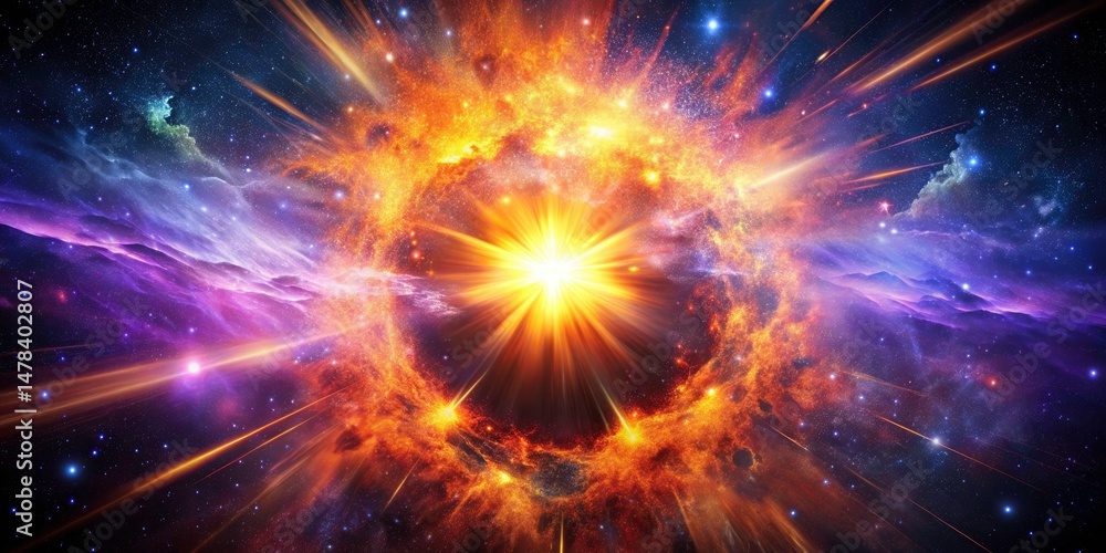 Fototapeta premium Surreal Cosmic Explosion: Vibrant Nebula, Fiery Orange Purple Space Art