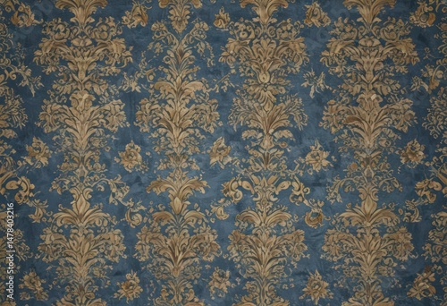 Subtle blue & gold damask  Elegant floral wallpaper  Seamless repeat , surface, ornate