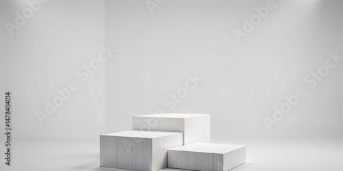3D white cylindrical podium set with leaf shadow overlay wall background. Minimalist mockup pedestal  Abstract cosmetic product display presentation  Stage showcase. Platforms vector geometric design.